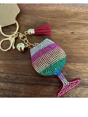 Pride Rainbow Multicolor Rhinestone Wine Glass Keychain with Red Tassel